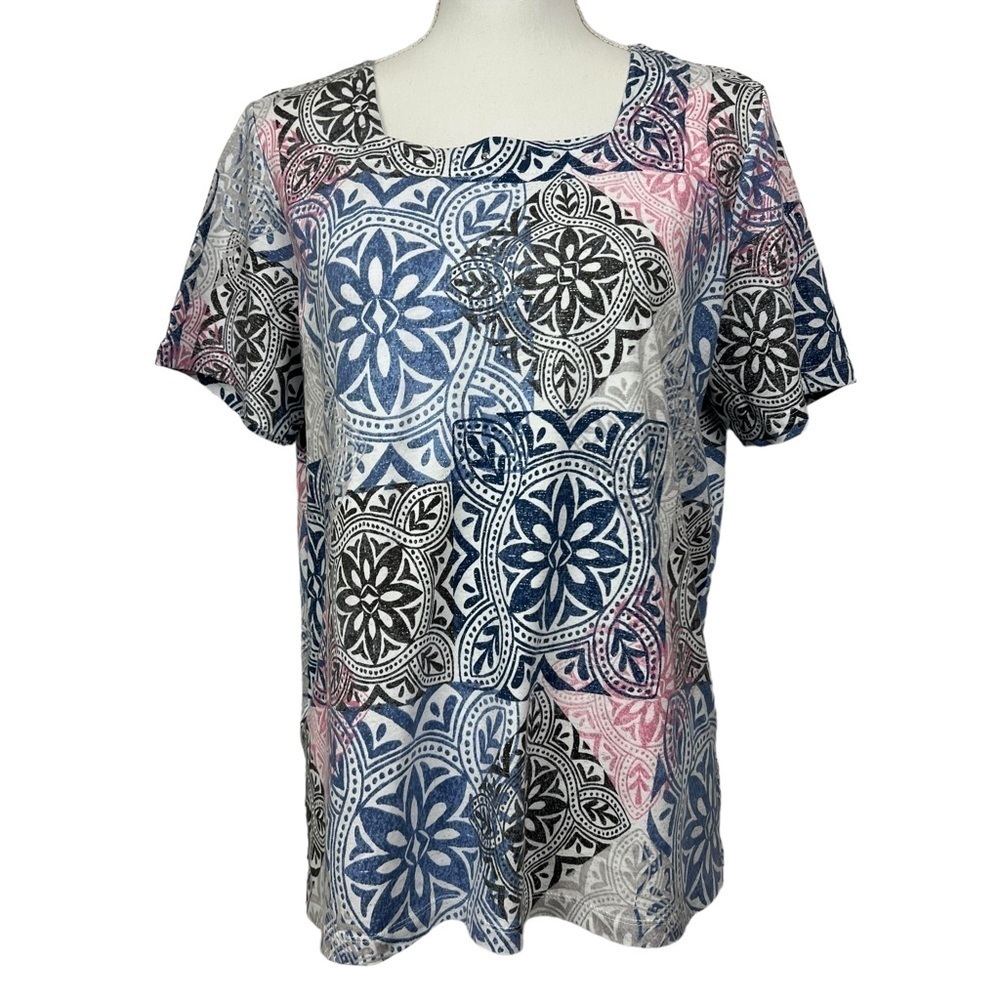 Alfred Dunner Womens Pullover Top Medium Multi Color Silver Stud Embellishments
